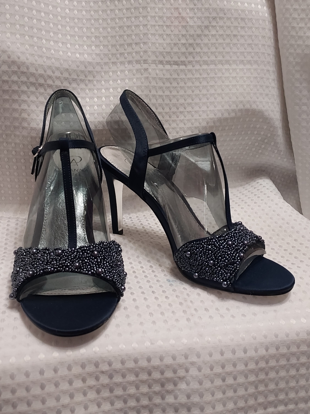 Adrianna Papell Navy Beaded T-Strap Evening Heels